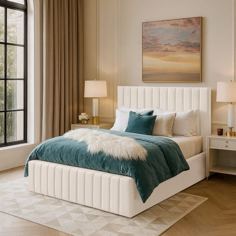 Janae Upholstered Ottoman Storage Bed, Double (4'6), Cream