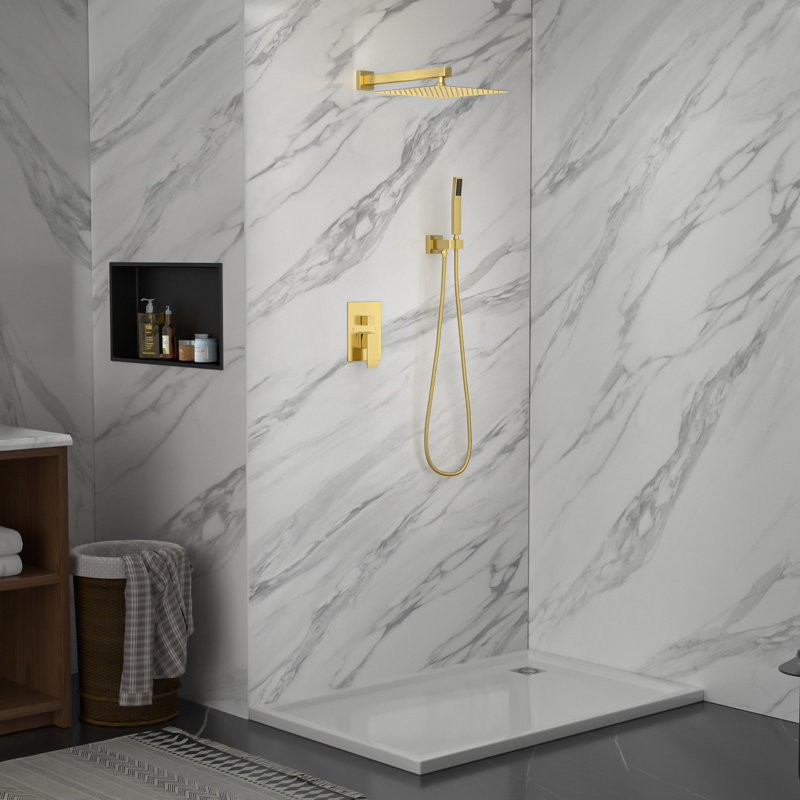 12 Inch Wall Mounted Shower System Rain Mixer Shower Combo Set Square Shower Head with Hand Shower, Brushed Gold