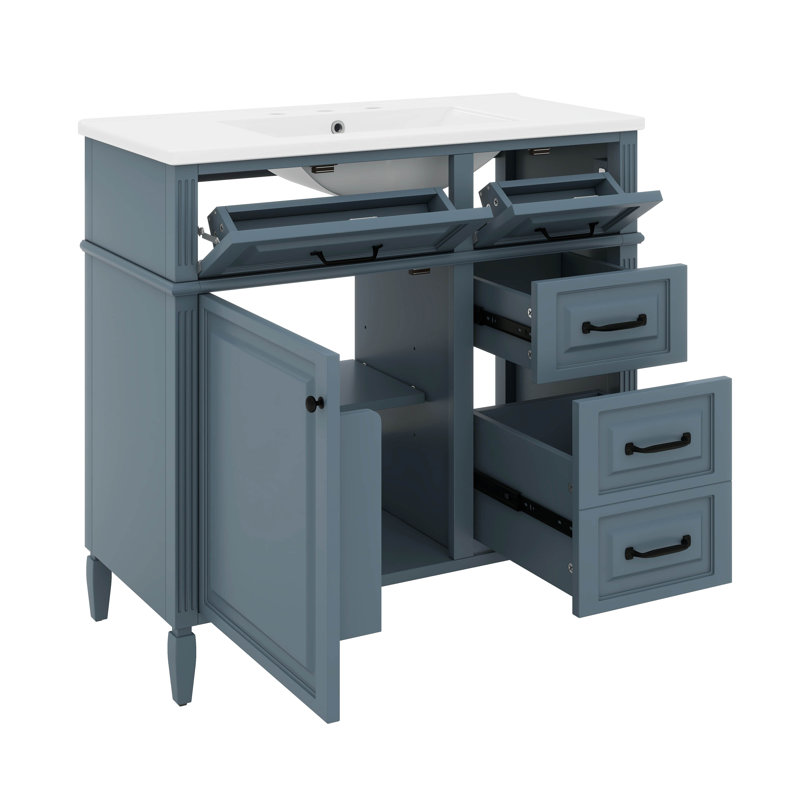 Meuble-lavabo 36 po avec comptoir en céramique, tiroirs rabattables, tablette réglable, Bleu gris