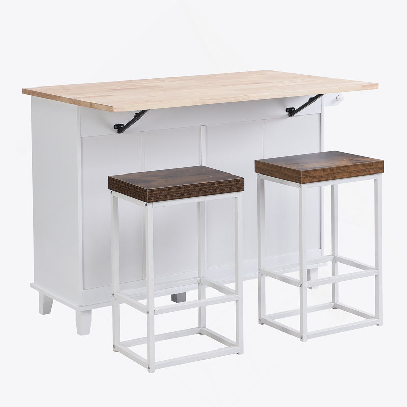 Ensemble d'îlot de cuisine avec abattant et 2 sièges, ensemble de table de salle à manger avec rangement, Blanc