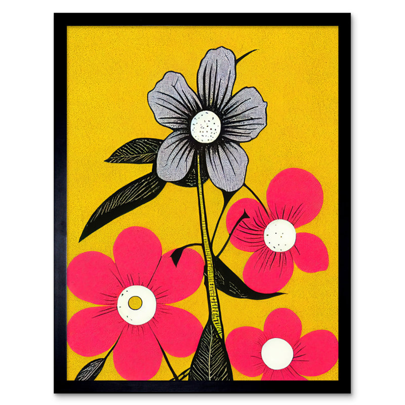 Flowers Linocut Pink Mustard - Single Picture Frame Print