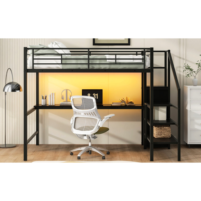 Lit mezzanine double en métal noir avec bureau, escalier de rangement, petite armoire et 7 couleurs à DEL, peu encombrant, confortable et contemporain