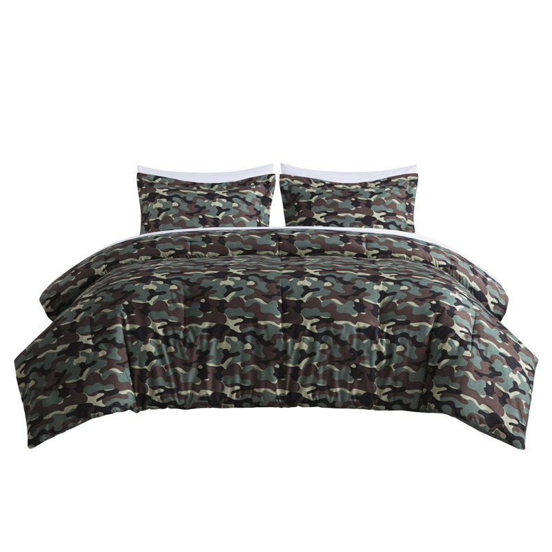 Ensemble d'édredon réversible en microfibre imprimé camouflage 3 pièces, Édredon double + 2 taies décoratives standards, Vert