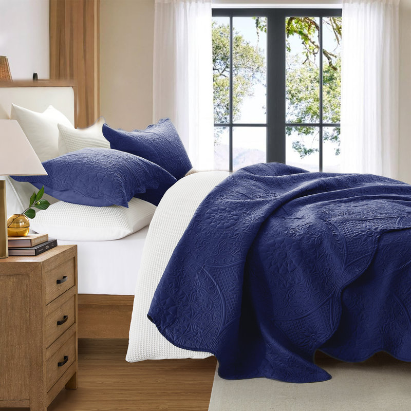 Floral Embossed Microfiber Quilted Bedspread Set, Navy, California King Bedspread + 2 King Pillowcases