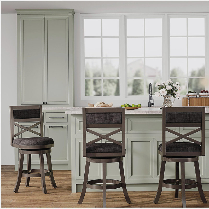 Tabouret pivotant à dossier en X de 24 po de hauteur comptoir, finition gris patiné, siège en tissu gris anthracite