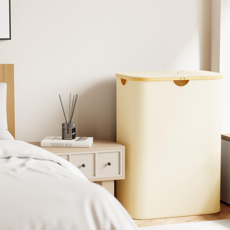 Double Laundry Hamper 2 Section With Lid And Removable Laundry Bags, 160L Clothes Basket With Bamboo Handles, Large Collapsible Hamper For Bedroom, Bathroom, Dorm, Laundry Room - Beige