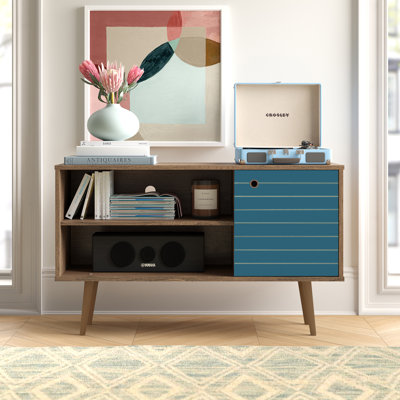 Liberty 43" Mid-Century Modern 3-Shelf TV Stand for TVs up to 43" in Rustic Brown and Blue Slate