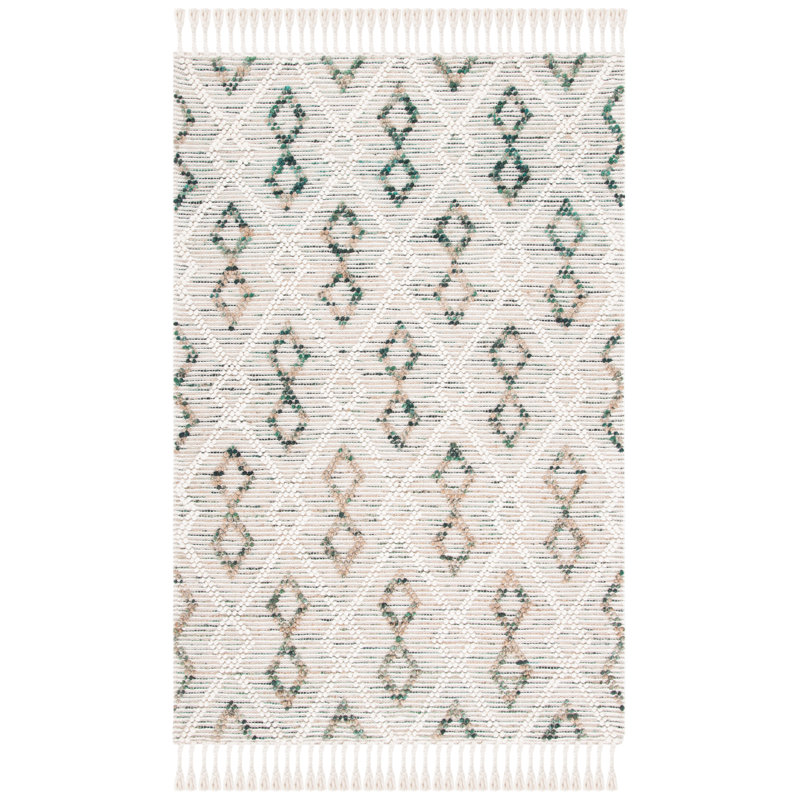 Honeyville Hand Loomed Wool/Jute/Cotton Geometric Rug in Ivory/Emerald, Rectangle 3' x 5'