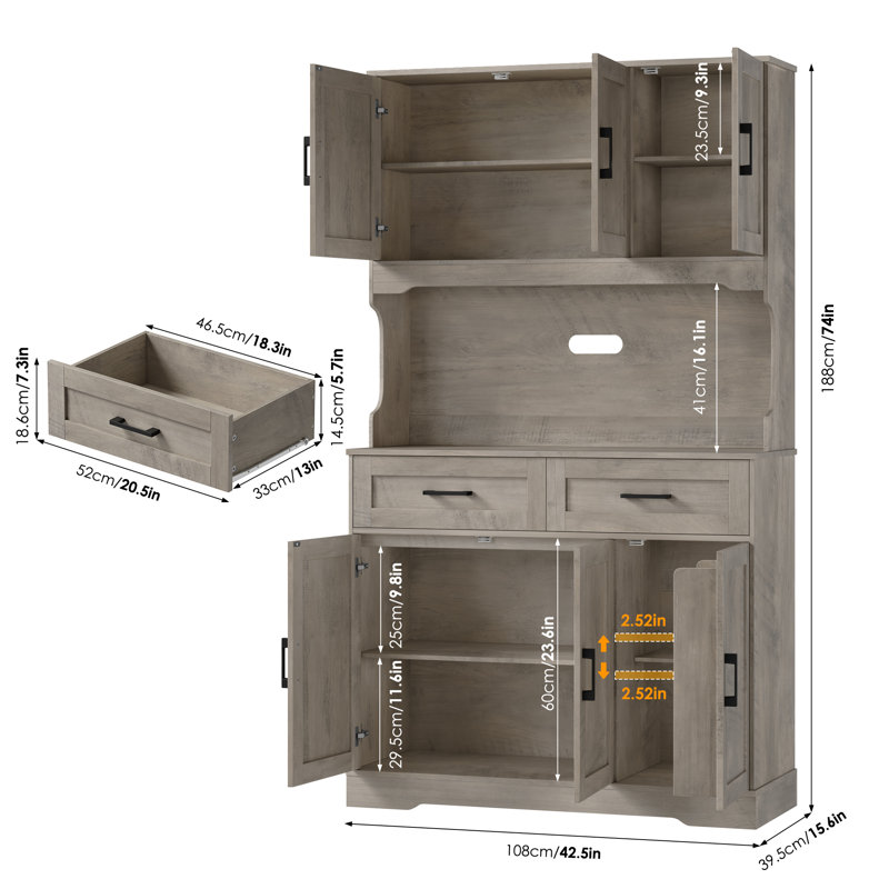 74" H Tall Wood Kitchen Pantry With Microwave Shelf And Drawers, Wash Grey