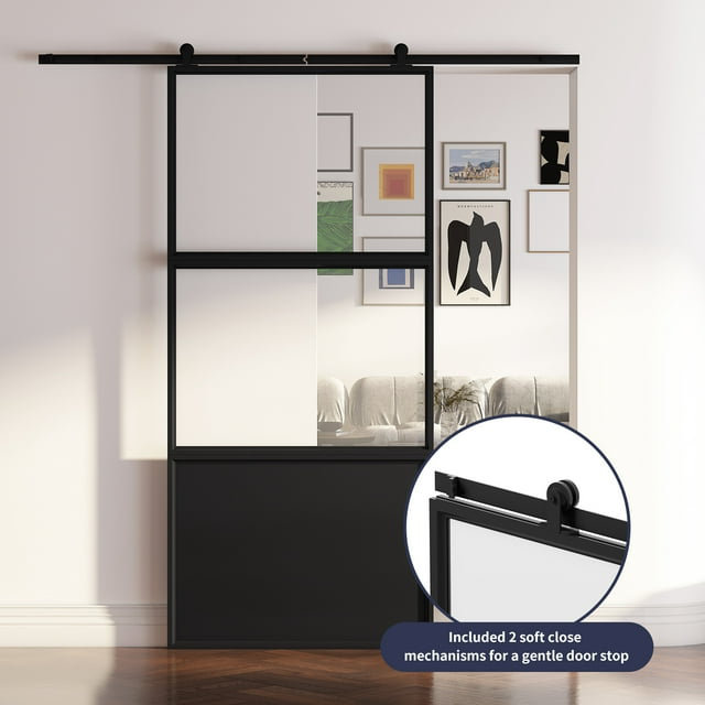 Black Aluminum and Frosted Glass Sliding Barn Door with Hardware Kit