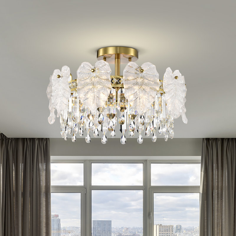 Isamary 5-light Brushed Shiny Brass Leaf-shaped Glass Crystal Flush Mount