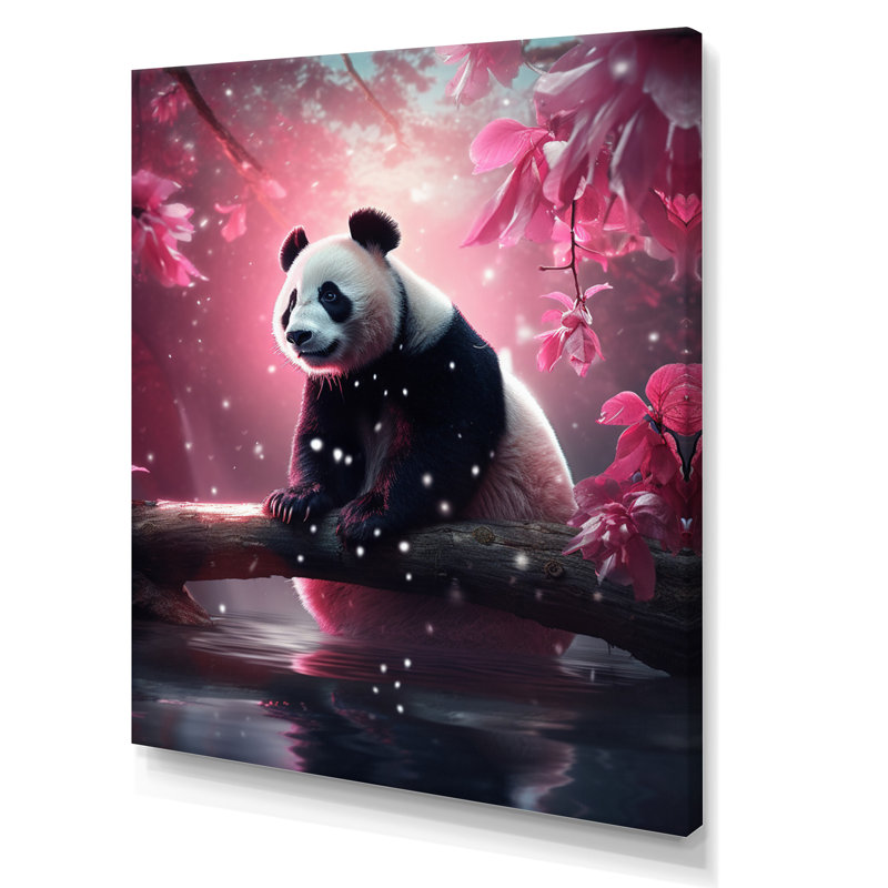 Adorable panda sur une branche avec des fleurs roses I sur toile, H 40 po x l 30 po x P 1,5 po, Toile tendue