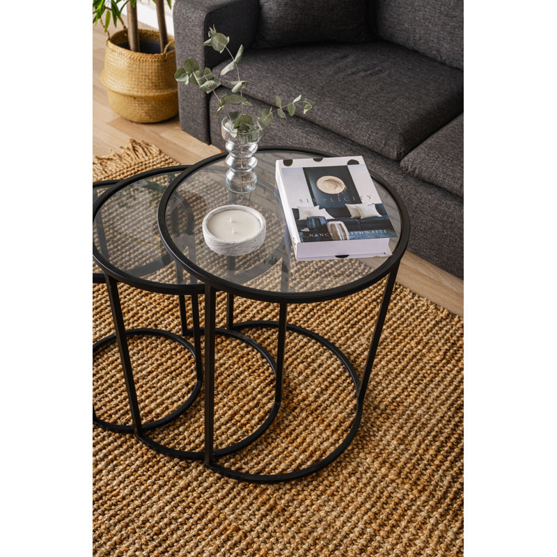 Ensemble de 3 tables gigognes modernes, noir et transparent, 13,4 po x 19,7 po x 13,4 po, 16,5 po x 21,3 po x 16,5 po, 19,7 po x 22,8 po x 19,7 po | 100% verre trempé transparent, épaisseur 0,16 po | Cadre en métal élégant, parfait pour les espaces de vie industriels et la décoration intérieure