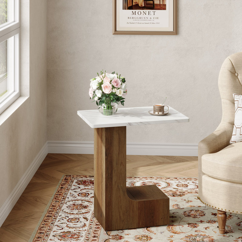 C-shaped Side Table, Industrial C Table For Sofa With Faux Marble Tabletop, 2-tier Bedside Furniture For Living Room, Bedroom, Side Table