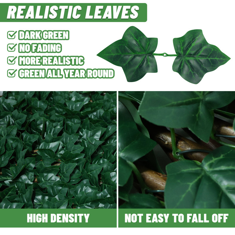 Double-Sided Expandable Faux Hedge Artificial Ivy Privacy Fence Panel with Real Wood Trellis