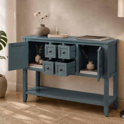Ample console de rangement rétro avec quatre petits tiroirs et une tablette inférieure pour les salons, les entrées et les cuisines