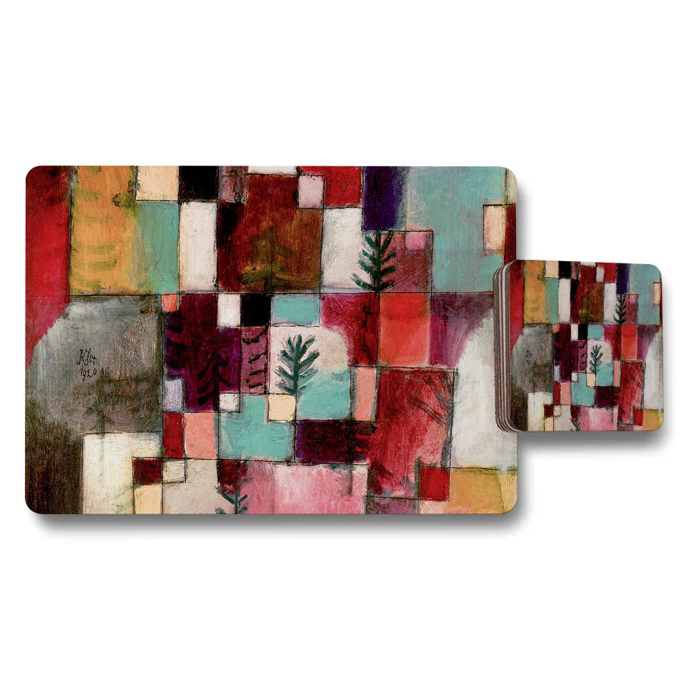 Abstract Geometric Placemat and Coaster Set in Colorful Squares