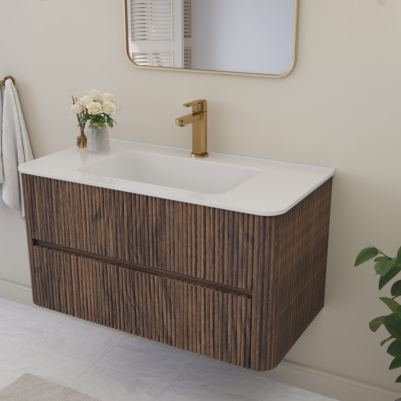 Meuble-lavabo flottant mural 36 po avec plateau 36 po, L 36 po x H 20,4 po x P 18 po, Noyer