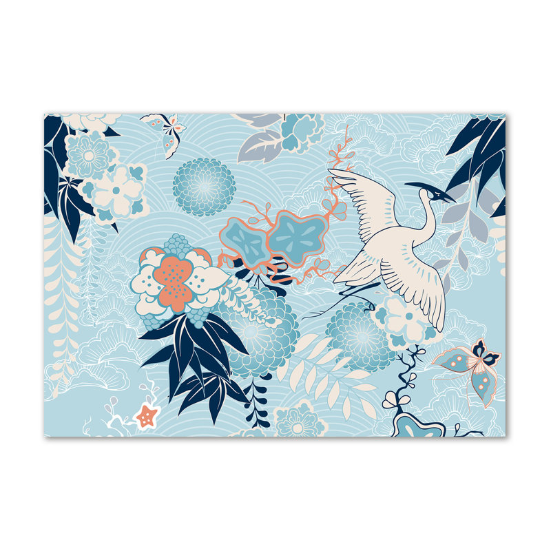 Crane And Flowers - Wrapped Canvas Print