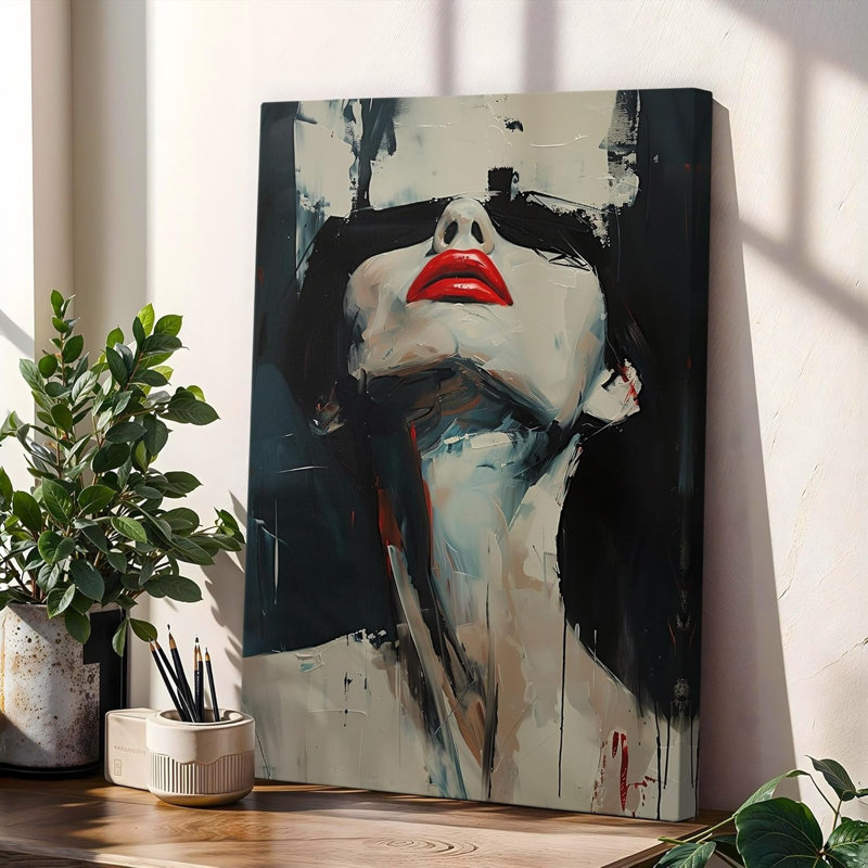 «Dark Abstract Portrait with Red Lips Canvas», art mural 12 po x 18 po pour bureau de chambre à coucher