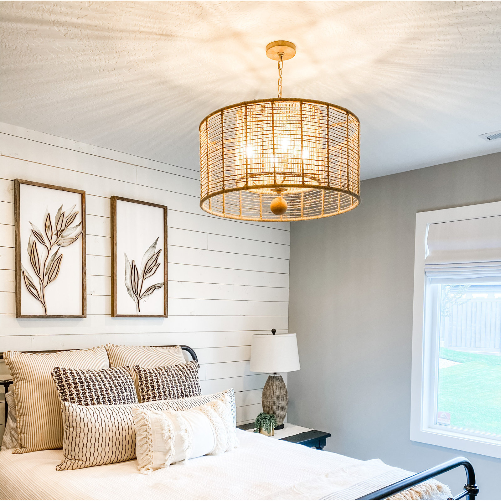 4-Light Metal Drum Pendant , Burnished Silver, Beige