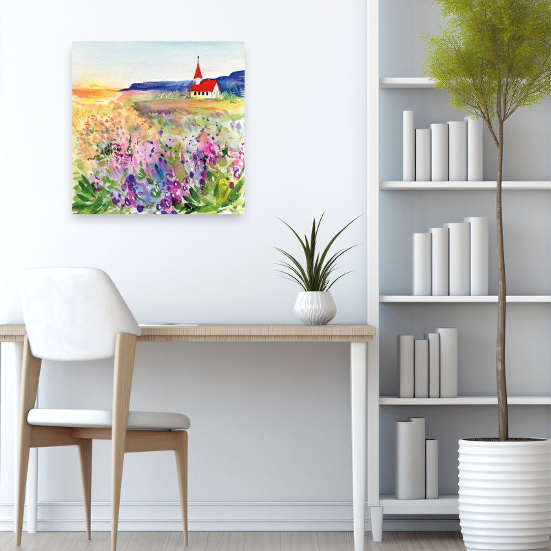 Petite montagne, église, paysage contemporain abstrait, impression d'art mural, 24" H x 24" W