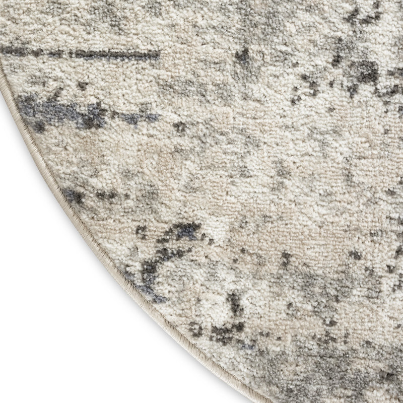 Tapis beige / gris en polyester / polypropylène tissé à la machine Addie, Ivoire / Bleu / Gris, Rond 8 pi