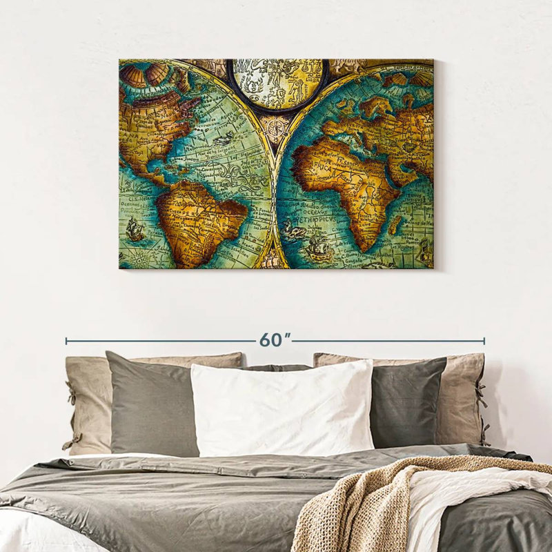 Carte du vieux monde sur toile, H 30 po x l 45 po x P 1,25 po