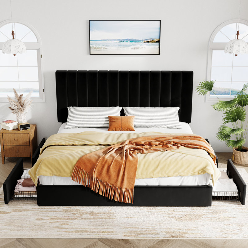 Velvet Upholstered Storage Platform Bed with Adjustable Headboard & 4 Drawers, Black, King