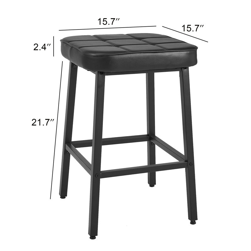 Ensemble de 2 tabourets de bar, tabourets de bar à hauteur de comptoir sans dossier, tabourets de bar noirs pour îlot de cuisine, tabourets de capitonnage épais en cuir PU avec base en métal