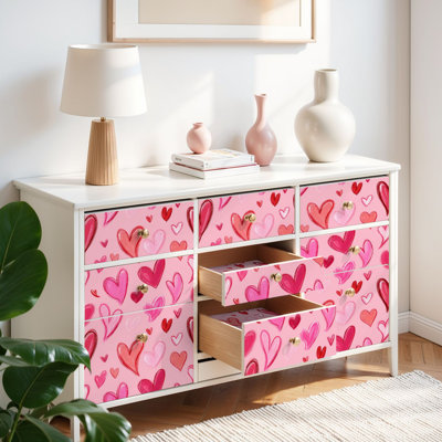 Papier peint auto-adhésif pour enfants, papier peint à la main, cœur rouge, rose, mignon, auto-adhésif et amovible 17,7 po x 118 po (45 x 300 cm)