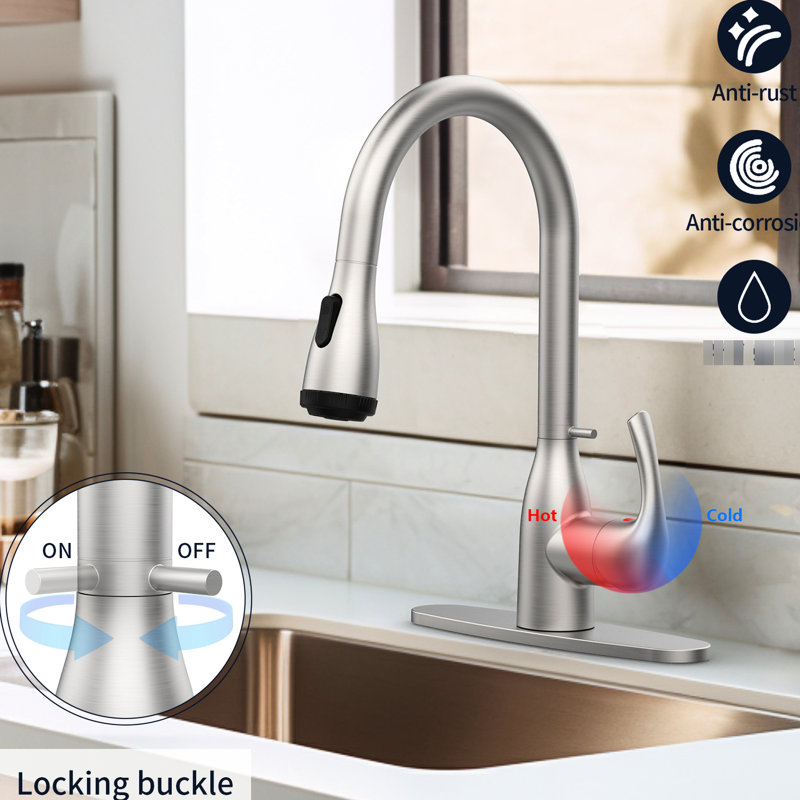 Robinet de cuisine en nickel brossé avec douchette rétractable et 4 modes de pulvérisation, boucle verrouillable, égratignure et ternissure, pour éviers de bar rv, 1,8 gallon par minute, pivotant sur 360 degrés, installation facile en acier inoxydable en nickel