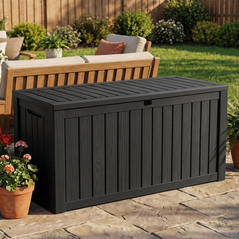 150-Gallon Resin Deck Box – Lockable, Waterproof Outdoor Storage Bench, Black