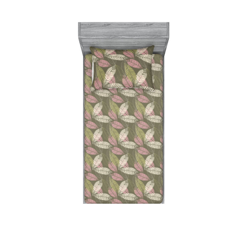 Ambesonne Fitted Sheet & Shams 3 Pcs Modern Leaves Leafy Print Calking Green Brown Pale Pink