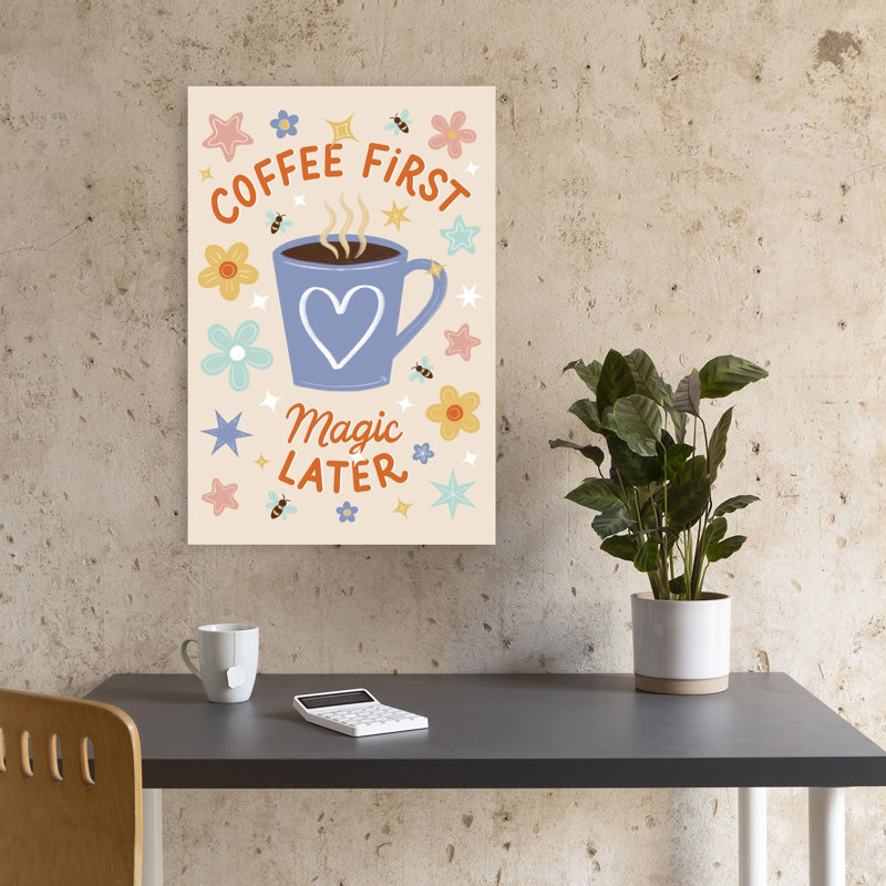Coffee First Magic Later Whimsical Abstract Contemporary Bee Flower Landscape Wall Art Print 1 Piece Wrapped Canvas Wall Art