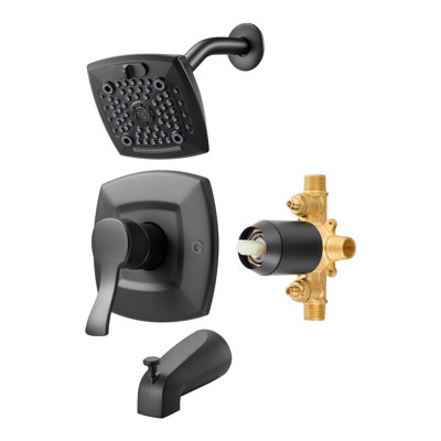 Matte Black Tub and Shower Faucet Set with 5.1-Inch Rainfall Shower Head, Pressure Balancing Valve and Bathtub Spout - 4-Piece Steel Bathroom Fixture