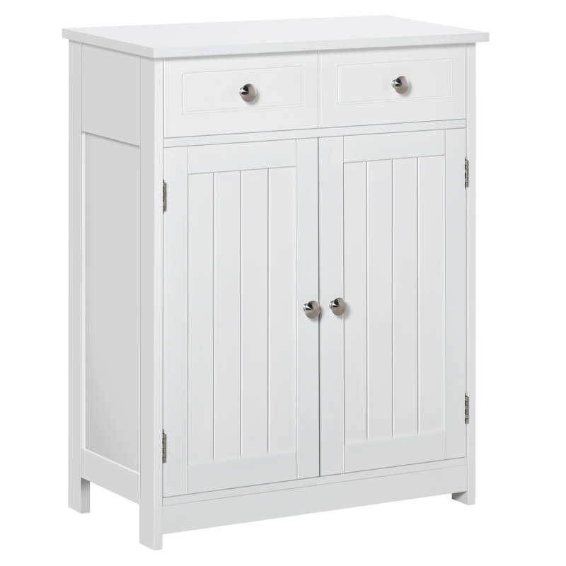 Freestanding Bathroom Floor Cabinet, Wooden Bathroom Cabinet With 2 Doors, 2 Drawers And Adjustable Shelf, White, White