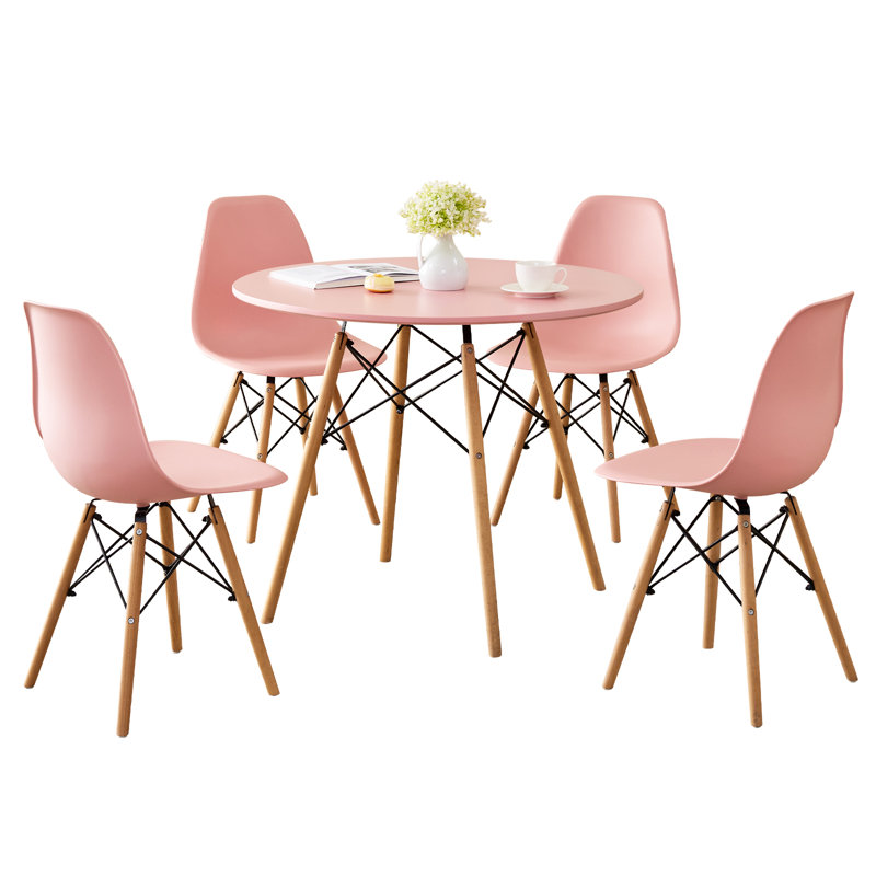 5 Piece Round Dining Table  Set for 4, 35.5" Kitchen Table with Chairs, Pink, Pink, 29.3" H x 35.5" W x 35.5" D, Pink