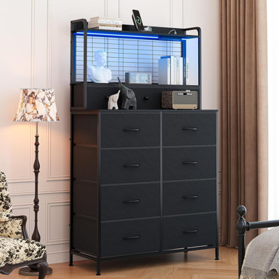 Commode rustique pour chambre à coucher avec station de charge, DEL RVB contrôlée par l'application, grand organisateur de rangement de commode avec 11 tiroirs en tissu, conception anti-basculement pour la chambre à coucher, le salon, le placard, noir