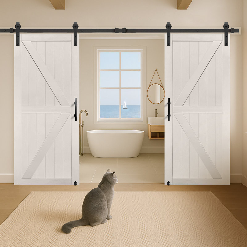 Porte de grange double en MDF avec porte coulissante S&Z TopHand®, dalle de porte de grange solide recouverte d'une surface en PVC imperméable