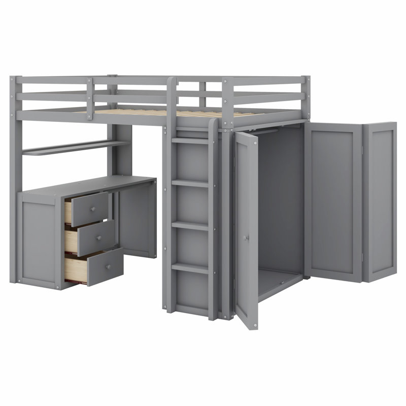 Lit mezzanine avec tiroirs, bureau et garde-robe, Grey