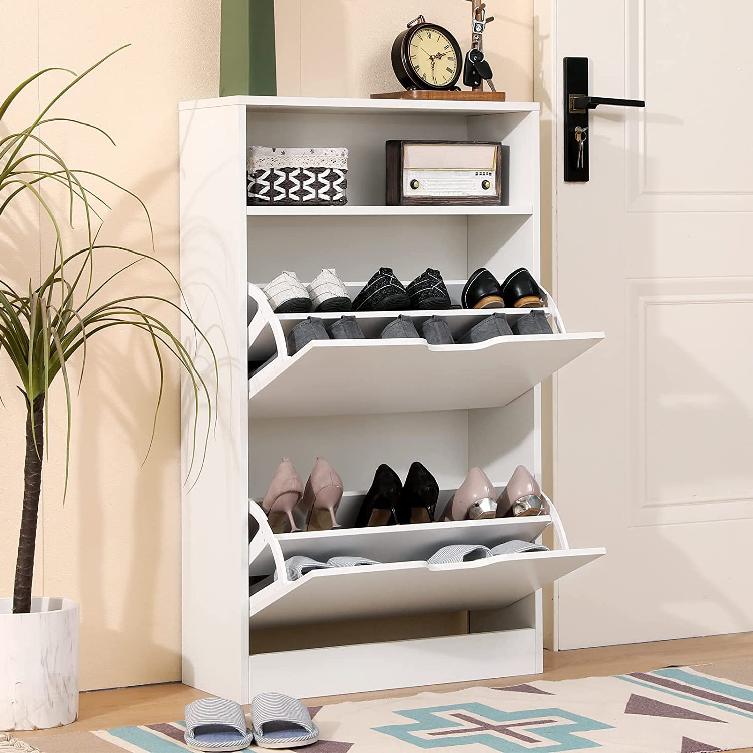 White Narrow Shoe Storage Cabinet with Bench 14-Pair 5.9D Freestanding