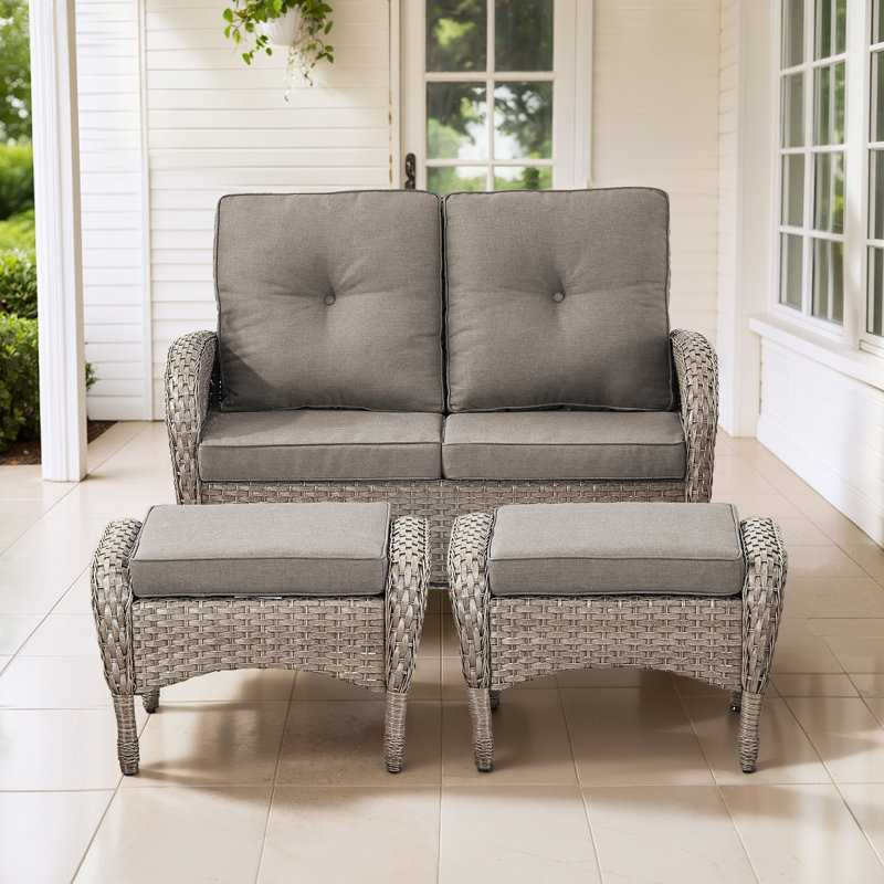 Causeuse de terrasse extérieure en osier de 50 po de large avec repose-pieds, Gris, Gris