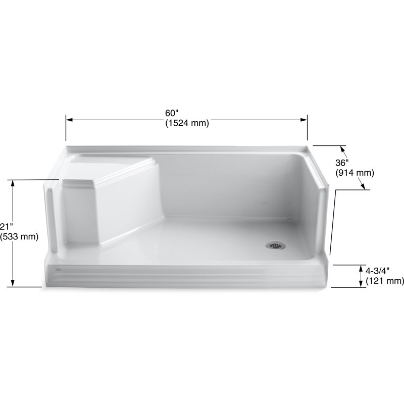 Memoirs® 60" W x 36" D Single Threshold Shower Base, White