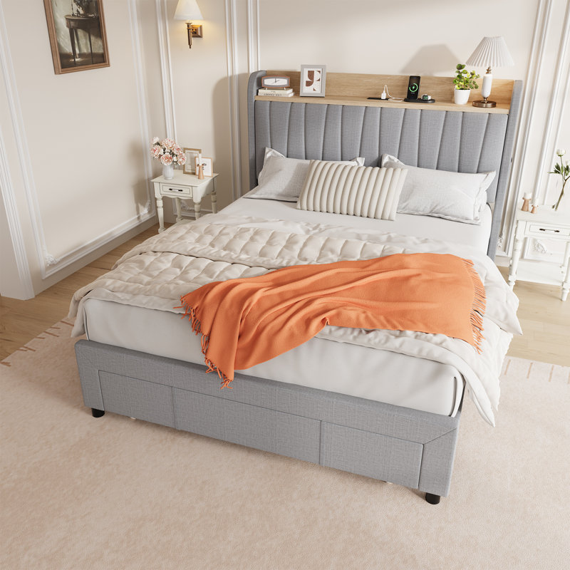 Structure de lit grand avec tiroirs de rangement et station de charge, conception silencieuse, support de lattes en bois, cadre de lit rembourré, aucun sommier requis, assemblage facile, gris