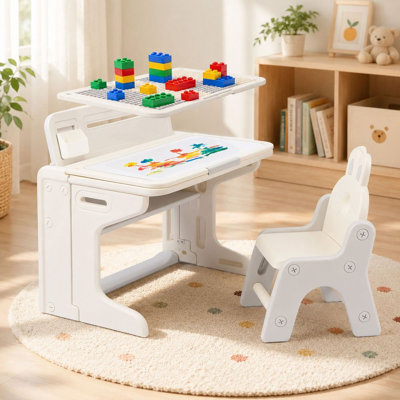 Kids Activity Table and Chair Set with Bookshelf and Building Block Tabletop