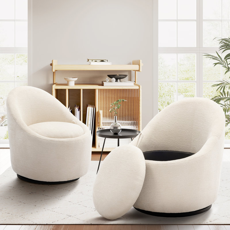 Modern Small Barrel Swivel Accent Chair with Hidden Storage,No installation required, Beige Fabric