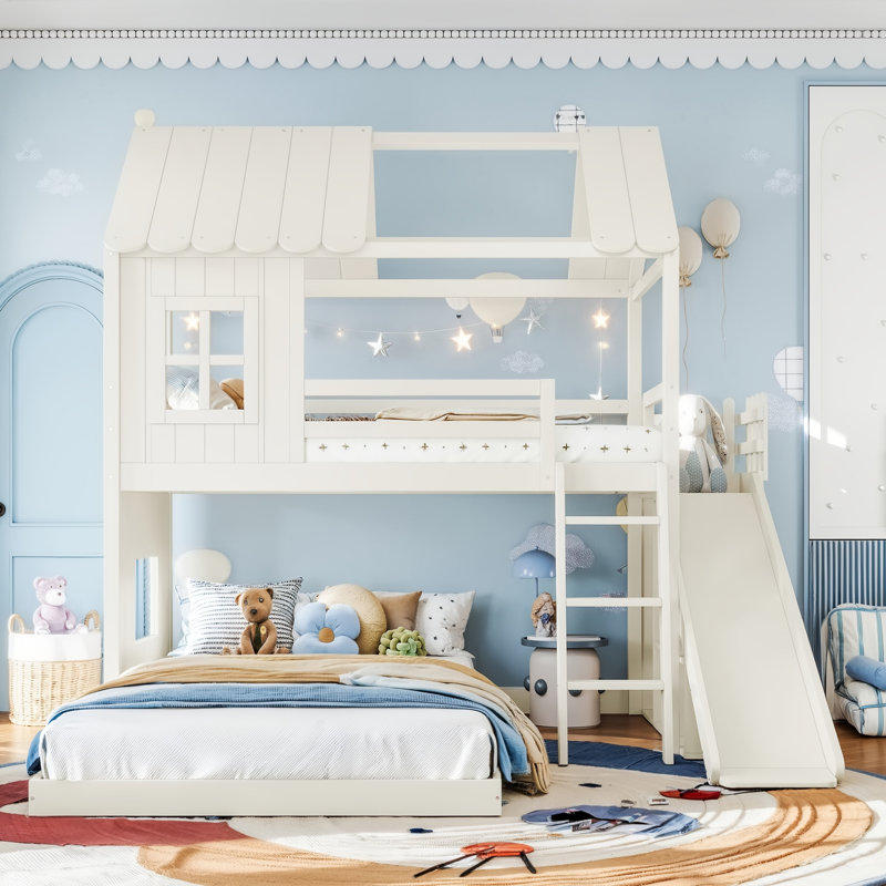 Lit superposé simple au dessus d'un lit double en bois massif avec tablettes, garde-robe et glissade, Twin Over Full, Beige
