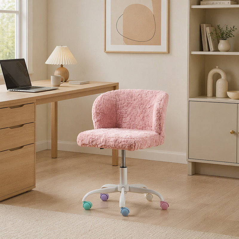 Fauteuil de bureau ergonomique en fausse fourrure de lapin avec dossier réglable et massage lombaire, rose