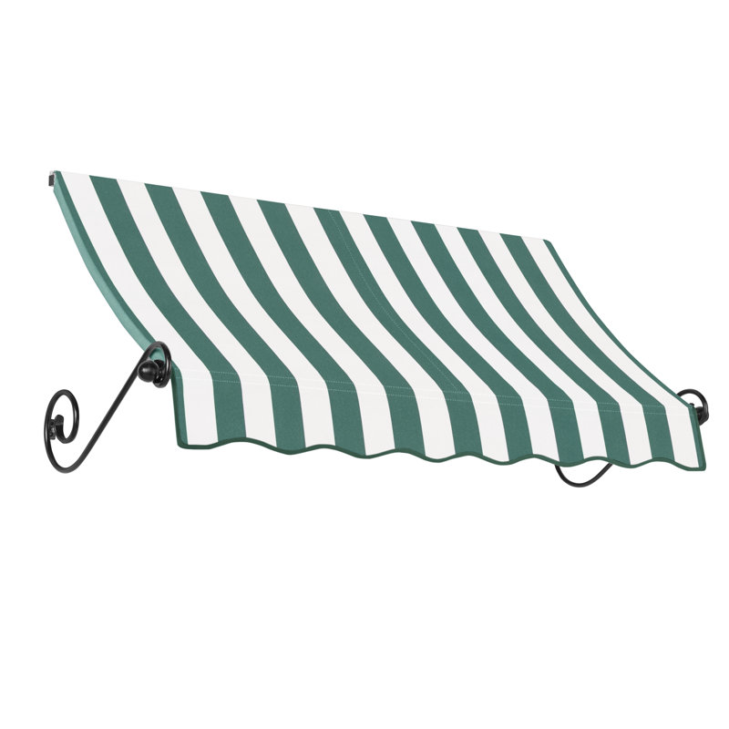 Awntech Charleston Acrylic Fabric Awning with Iron Scroll Arms, 28" H x 40.5" W x 24" D, Forest/White Stripe